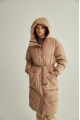 Long down jacket of beige color with natural filler