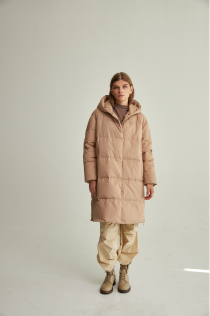 Long beige down jacket