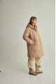 Women's long down jacket of beige color with natural filler