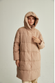 Women's long down jacket of beige color with natural filler