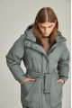 Women's long green down jacket with natural filler