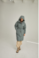 Women's long green down jacket with natural filler