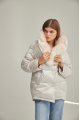 Women's down jacket of white color with fox fur and natural filler