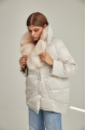 Women's down jacket of white color with fox fur and natural filler