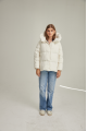 Short women's down jacket of white color with natural filler