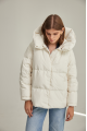 Short women's down jacket of white color with natural filler