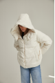 Short women's down jacket of white color with natural filler