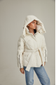 Short women's down jacket of milk color with natural filler