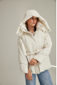 Short women's down jacket of milk color with natural filler