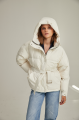 Women's down jacket of milk color with natural filler