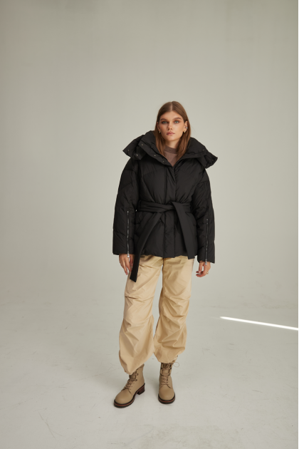 Black down jacket with a belt
