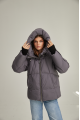 Women's short down jacket of gray color