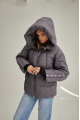 Women's short down jacket of gray color