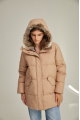 Women's down jacket of brown color with a hare fur trim