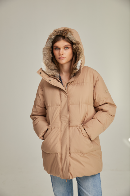 Brown down jacket with hare fur