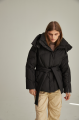 Short black down jacket with a belt and natural filling