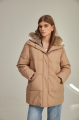 Women's down jacket of brown color with a hare fur trim