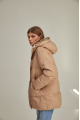 Women's down jacket of brown color with a hare fur trim