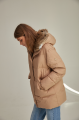 Women's down jacket of brown color with a hare fur trim