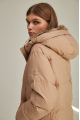 Women's down jacket of brown color with a hare fur trim