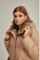 Women's down jacket of brown color with a hare fur trim