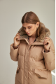 Women's down jacket of brown color with a hare fur trim