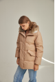 Women's down jacket of brown color with a hare fur trim