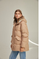 Women's down jacket of brown color with a hare fur trim