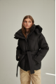 Short black down jacket with a belt and natural filling