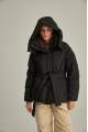 Short black down jacket with a belt and natural filling