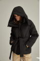 Short black down jacket with a belt and natural filling
