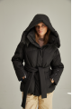 Short black down jacket with a belt and natural filling