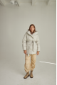 Short white down jacket with a belt and natural filling