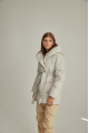 Short white down jacket with a belt and natural filling