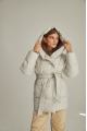 Short white down jacket with a belt and natural filling