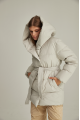 Short white down jacket with a belt and natural filling