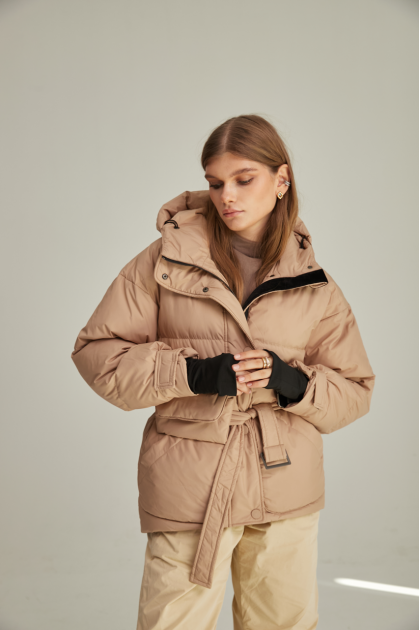 Short caramel-colored down jacket