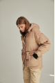 A short caramel-colored down jacket with natural filling