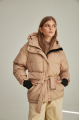 A short caramel-colored down jacket with natural filling