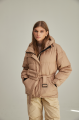 A short caramel-colored down jacket with natural filling