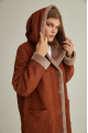 Women's long sheepskin coat of red color made of natural sheepskin