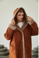 Women's long sheepskin coat of red color made of natural sheepskin