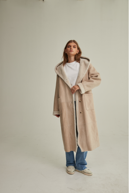 Long beige sheepskin coat