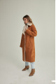 Long women's suede sheepskin coat of red color in VINTAGE style made of natural sheepskin