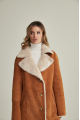 Long women's suede sheepskin coat of red color in VINTAGE style made of natural sheepskin