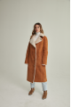 Long women's suede sheepskin coat of red color in VINTAGE style made of natural sheepskin