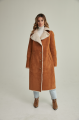 Long women's suede sheepskin coat of red color in VINTAGE style made of natural sheepskin