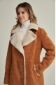 Long women's suede sheepskin coat of red color in VINTAGE style made of natural sheepskin