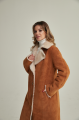 Long women's suede sheepskin coat of red color in VINTAGE style made of natural sheepskin