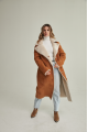 Long women's suede sheepskin coat of red color in VINTAGE style made of natural sheepskin